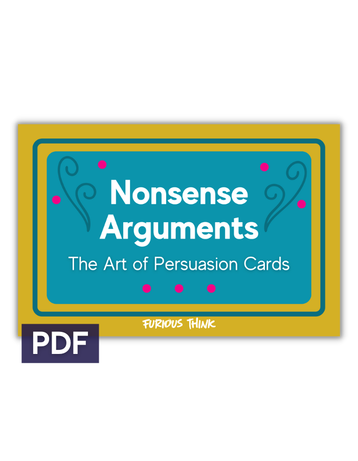 This image features the rectangular cover of our Nonsense Arguments: The Art of Persuasion Cards. It's blue and gold with the red dots and dark blue flourishes..