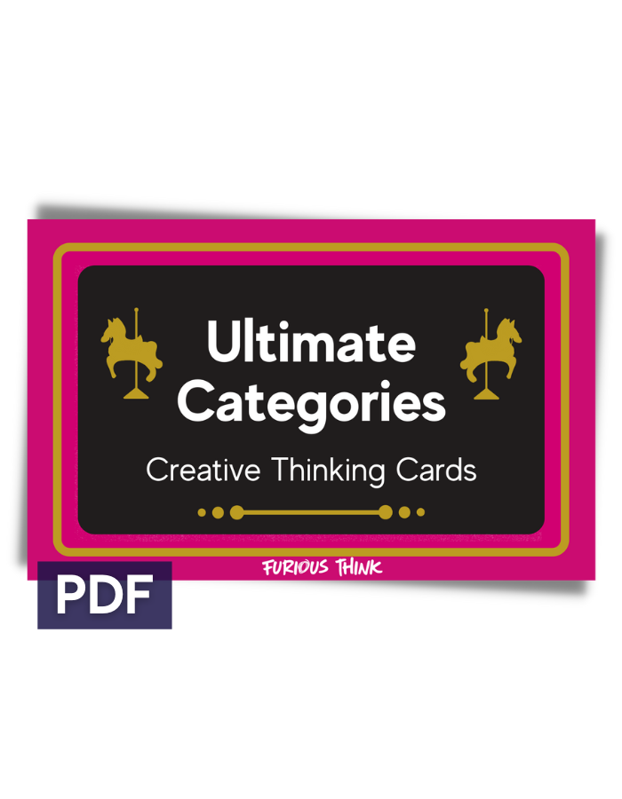 This image shows the cover of our Ultimate Categories cards. It's red, gold and black and features two carousel horses on it.