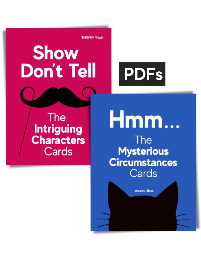 Features two covers of our storytelling PDFs: Show Don't Tell Cards, which has a red background, and The Mysterious Circumstances Cards, which has a blue background