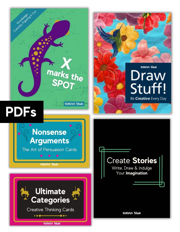 This image features the covers of 4 PDFs: Ultimate Categories, Create Stories, X Marks the Spot,  Nonsense Arguments and Draw Stuff