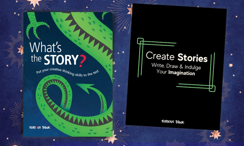 This image features two covers: What's the Story? and Create Stories. They're placed on a blue starry sky background.