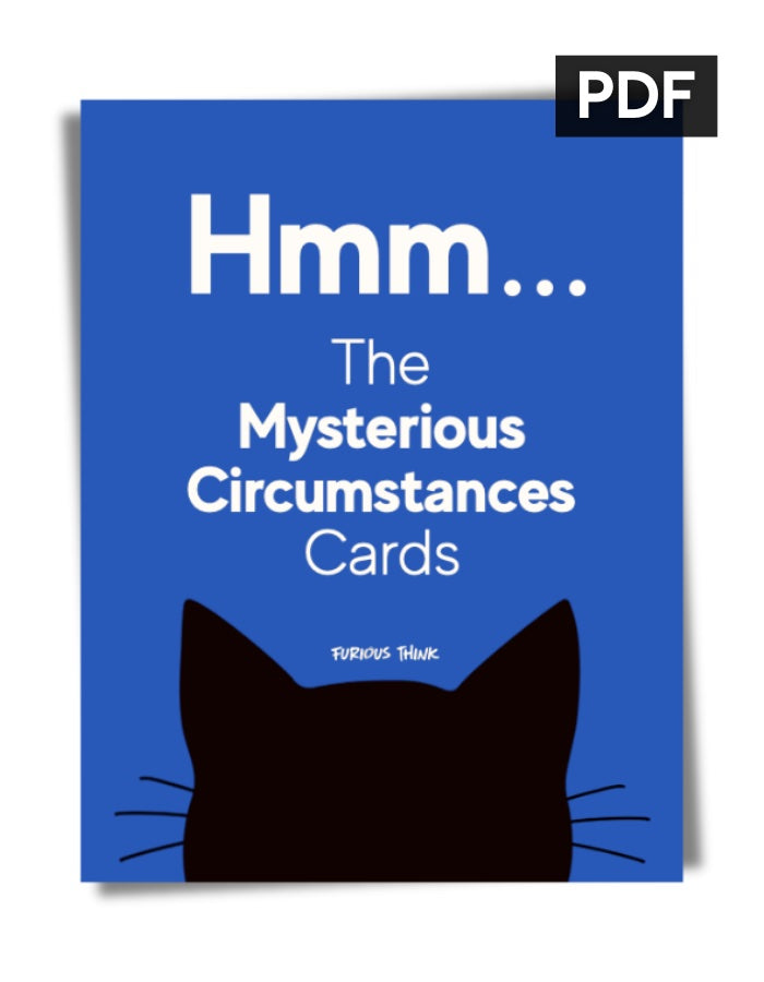 PDF cover featuring a black cat on a blue background with the title Hmm... The Mysterious Circumstances Cards