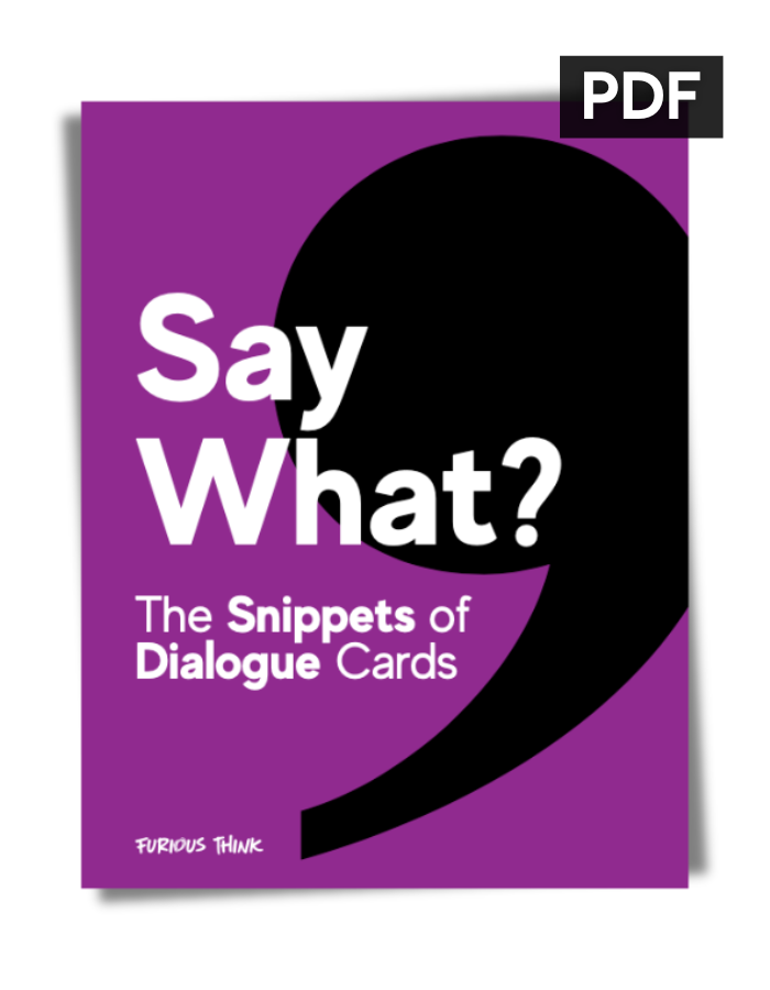 PDF cover featuring an enlarged black apostrophe on a purple background with the title Say What: The Snippets of Dialogue Cards
