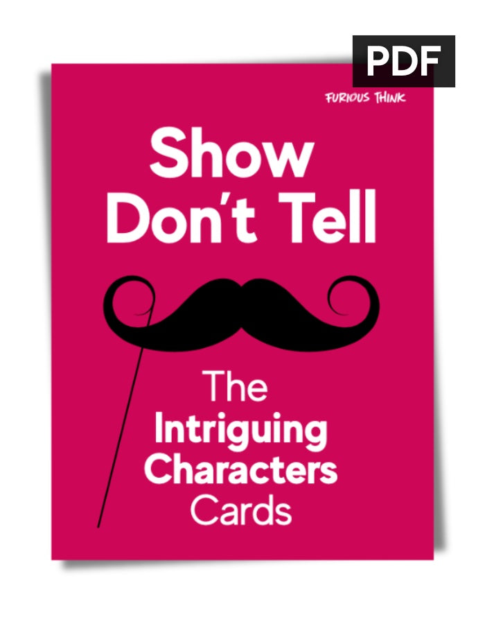 PDF cover featuring the a black curly moustache and moustache holder over a red background with the title Show Don't Tell, The Intriguing Characters Cards