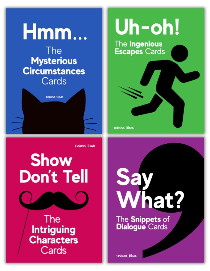 Features four bright covers of our storytelling PDFs: Show Don't Tell Cards (red background) Hmm... The Mysterious Circumstances Cards (blue background), Uh-oh! The Ingenious Escapes Cards (green background), Say What? The Snippets of Dialogue Cards (purple background)