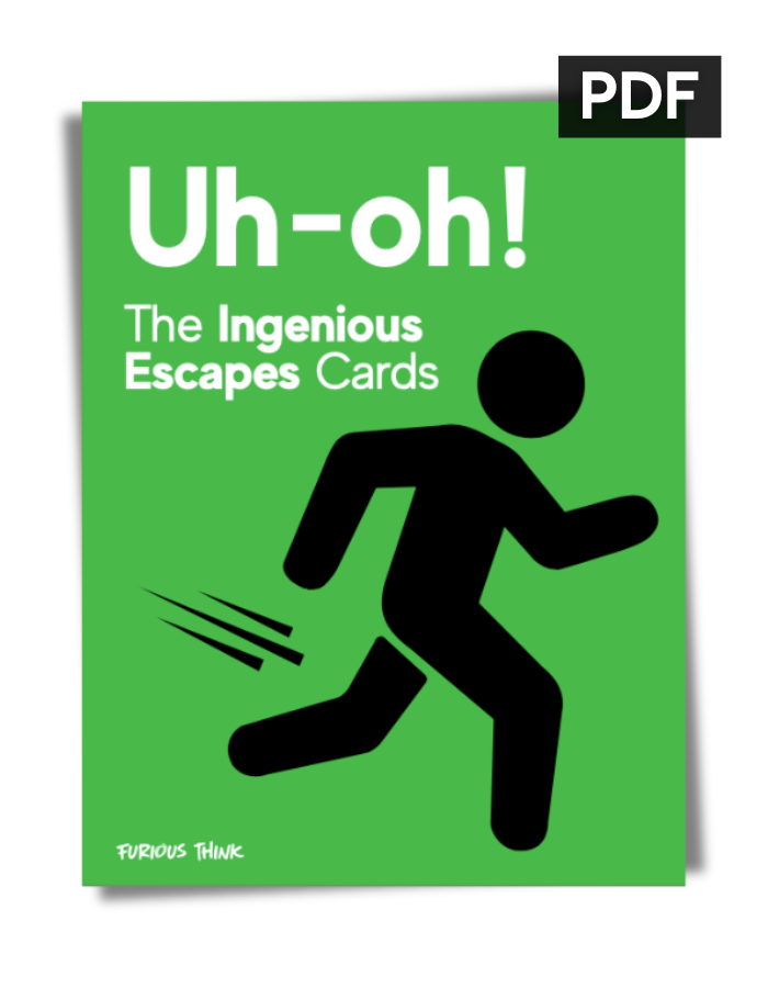 PDF cover featuring a stick figure on a green background with the title Uh-oh: The Ingenious Escapes Cards