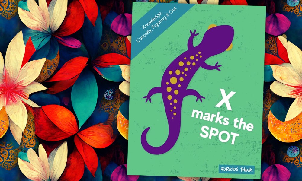 This image is the cover of our X Marks the Spot PDF. The cover features a purple chameleon with yellow dots on a green background. The cover is on floral patterned background.