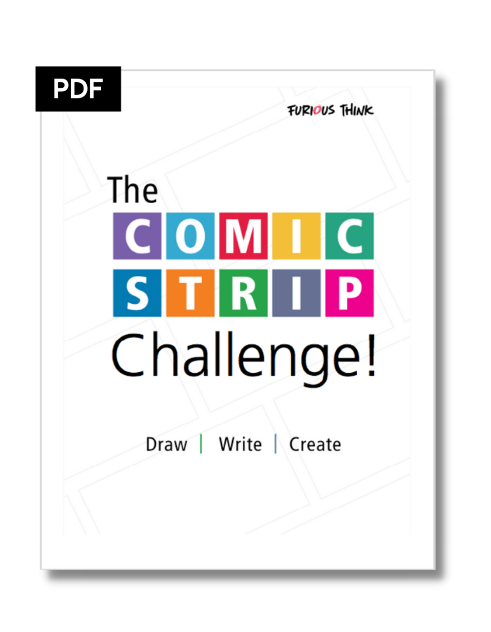 This image features the cover of the Comic Strip Challenge, with the letters appearing in individual squares in a variety of bright colours