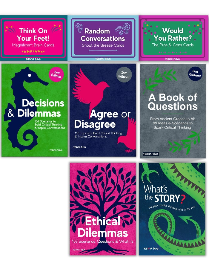 Collection of 8 colourful PDF covers focused on critical thinking