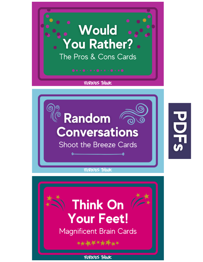 This image features the covers of our three e-cards: Think on Your Feet, Random Conversations and Would You Rather