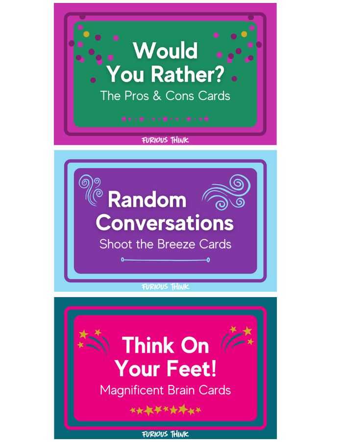 Three PDF card packs with colorful borders and text on a white background