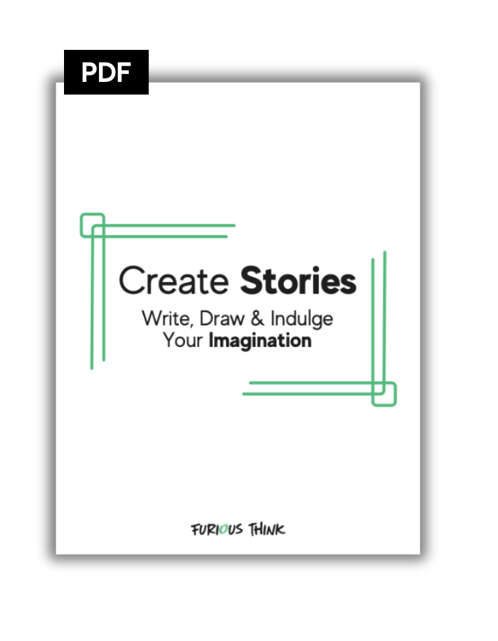 This image features the cover of our Create Stories PDF, it has the title in black letters and the background in white and includes a green border design