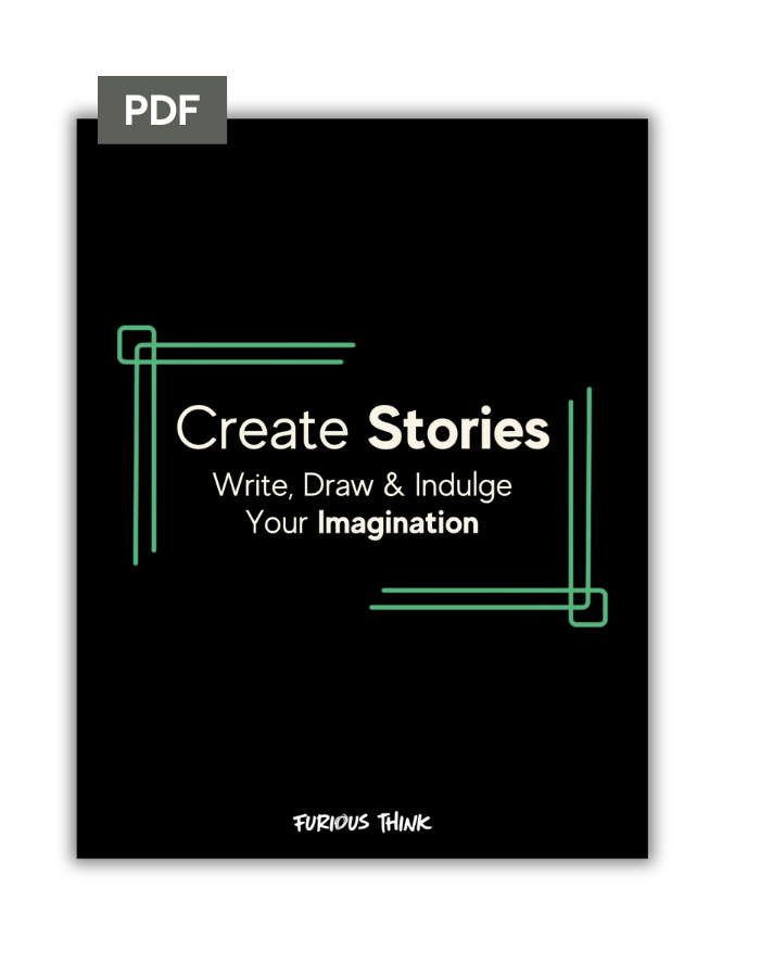 This image features the cover of our Create Stories PDF, it has the title in white letters and the background in black and includes a green border design