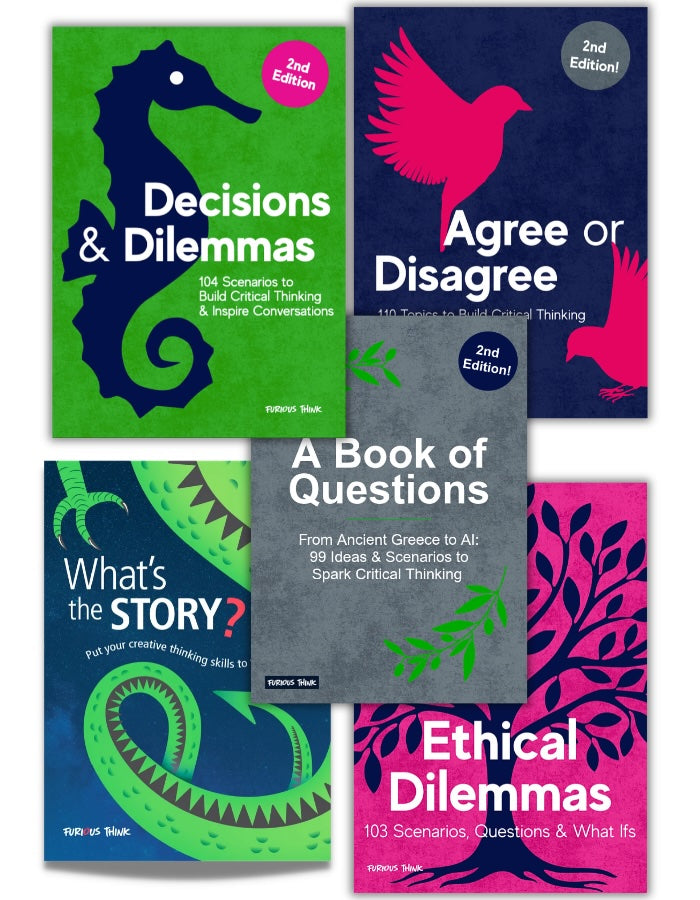 Collection of critical thinking PDFs on decision-making and ethics with colourful covers.