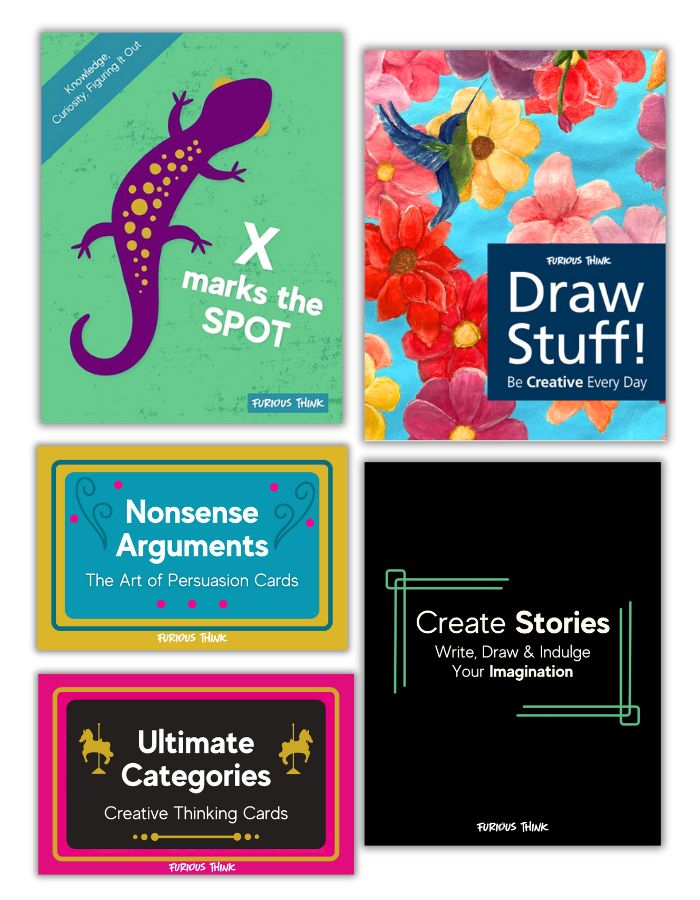 This image features the covers of 5 PDFs: Ultimate Categories, Create Stories, X Marks the Spot,  Nonsense Arguments and Draw Stuff