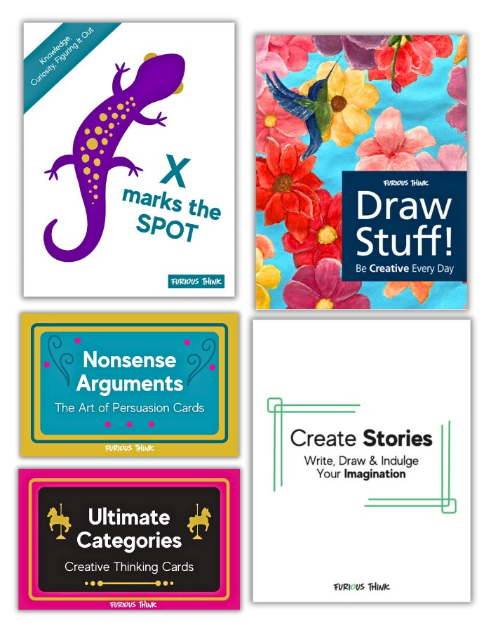 This image features the covers of 5 PDFs: Ultimate Categories, Create Stories, X Marks the Spot,  Nonsense Arguments and Draw Stuff
