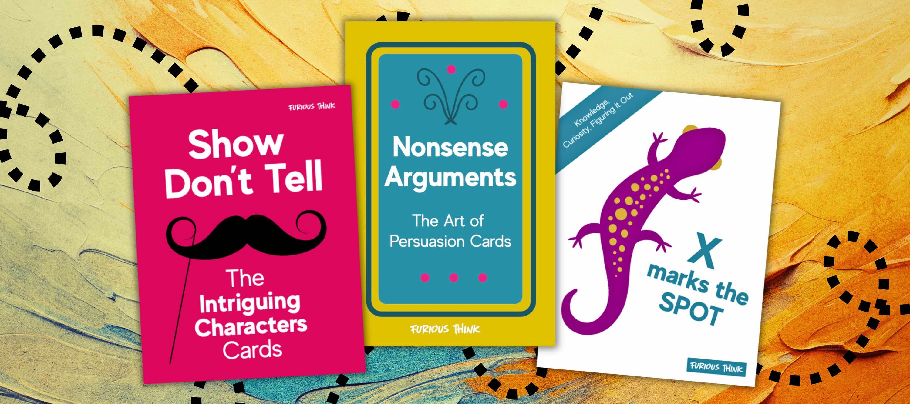 Large colourful banner image featuring the covers of Show Don't Tell, Nonsense Arguments and X Marks the Spot
