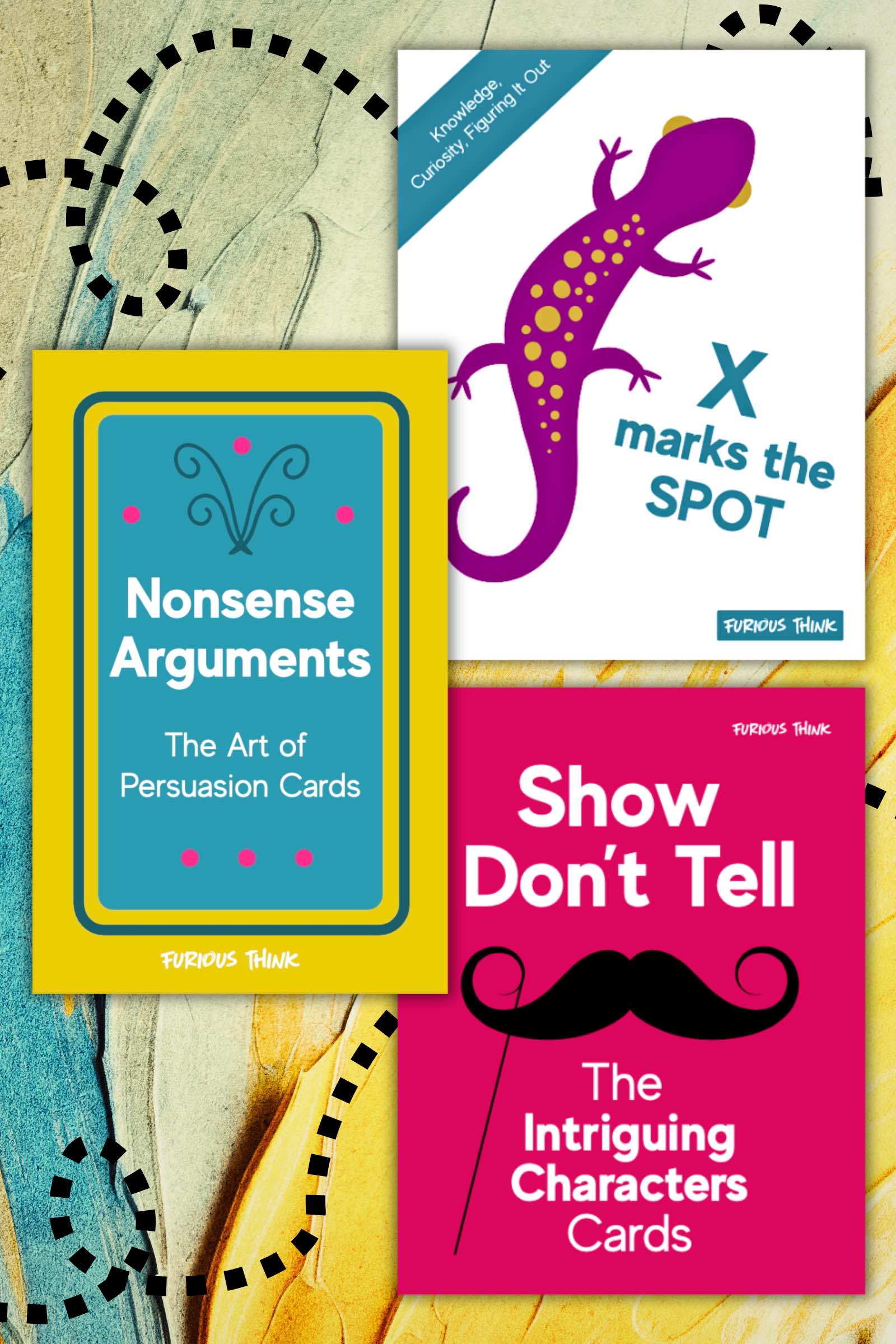 Colourful vertical image featuring three covers: X Marks the Spot, Nonsense Arguments and Show Don't Tell