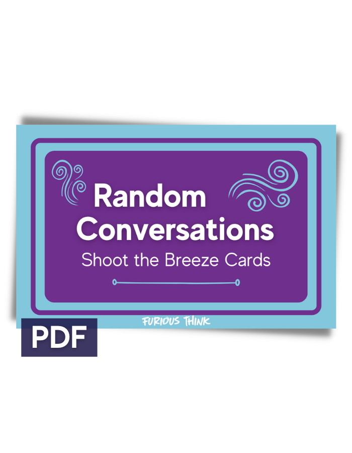 This image features the rectangular cover of our Random Conversations cards. It's blue and purple with swirls representing a breeze.