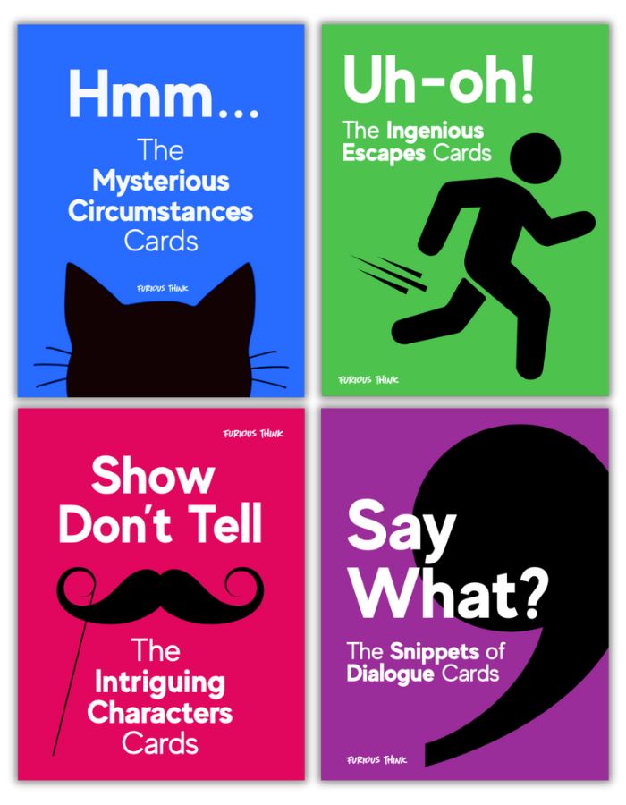 Features four bright covers of our storytelling PDFs: Show Don't Tell Cards (red background) Hmm... The Mysterious Circumstances Cards (blue background), Uh-oh! The Ingenious Escapes Cards (green background), Say What? The Snippets of Dialogue Cards (purple background)