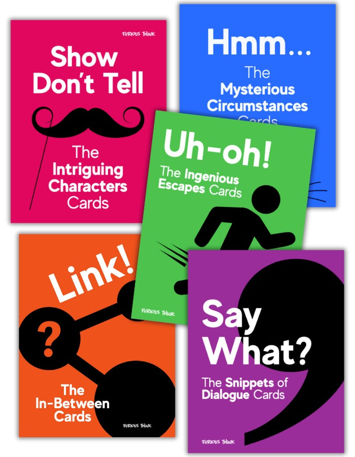 Set of five card packs with colorful covers and text on a white background