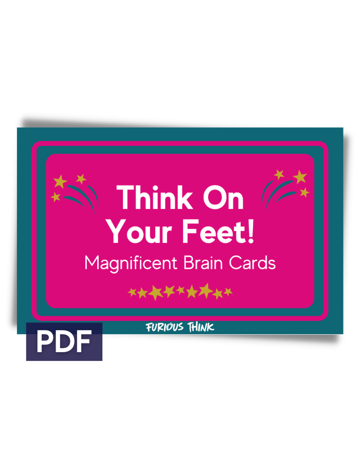This image features the rectangular cover of our Think On Your Feet cards. It's red and grey and features gold stars. 