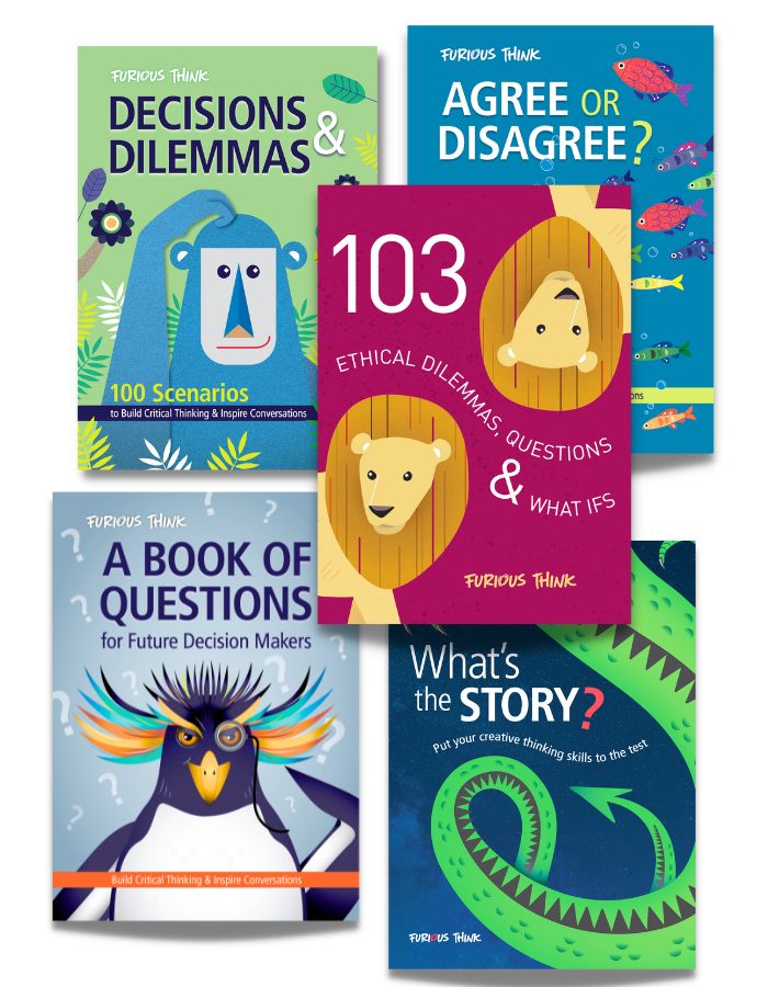 Collection of critical thinking PDFs on decision-making and ethics with colourful covers.