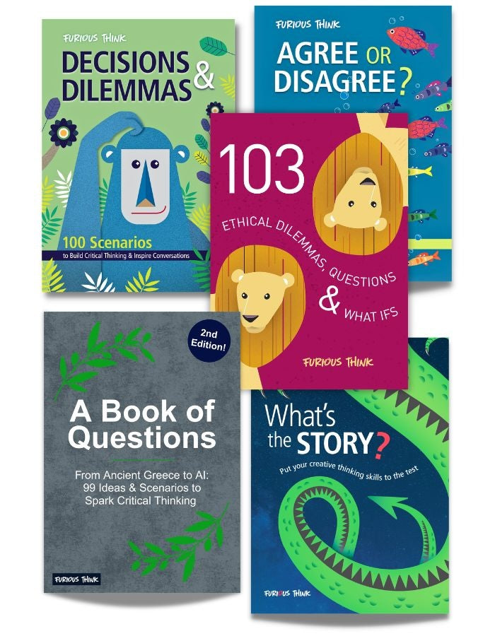 Collection of critical thinking PDFs on decision-making and ethics with colourful covers.