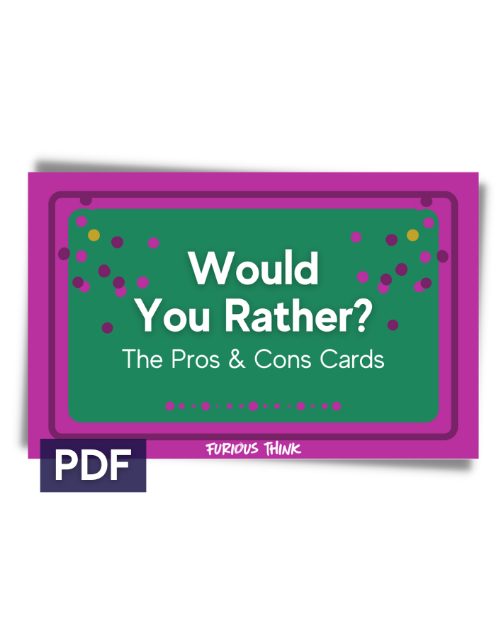 This image features the rectangular cover of our Would You Rather cards. It's magenta and green and features polka dots.