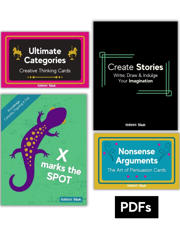 This image features the covers of 4 PDFs: Ultimate Categories, Create Stories, X Marks the Spot and Nonsense Arguments