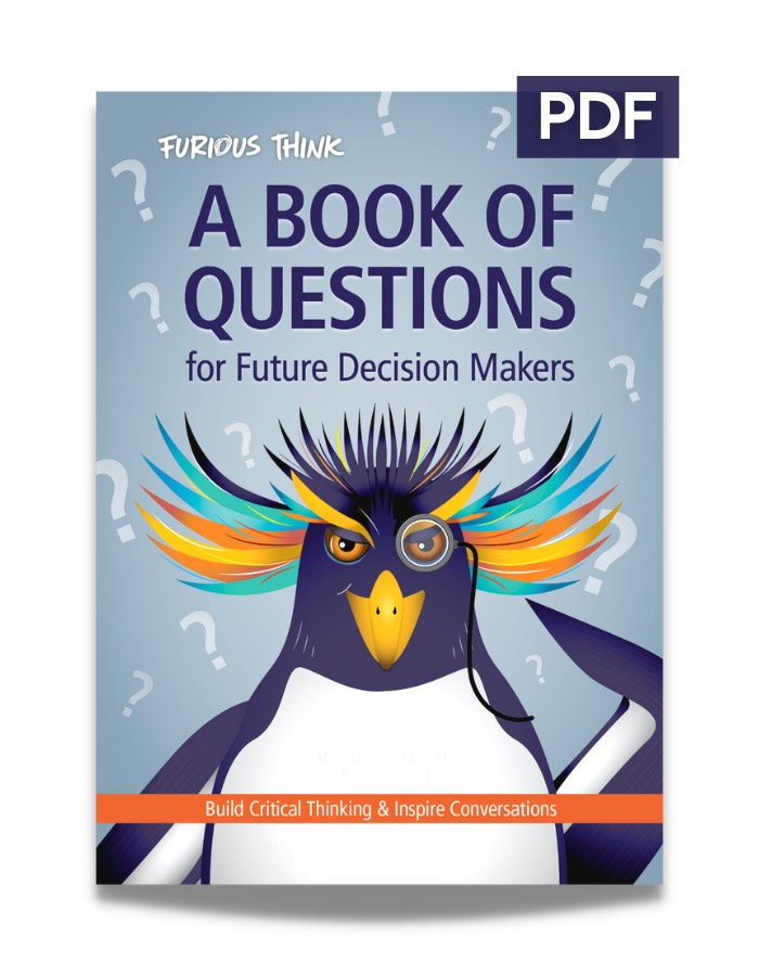 This image is the cover image of the PDF version of A Book of Questions. It features our monocle wearing penguin with PDF stamped on the cover
