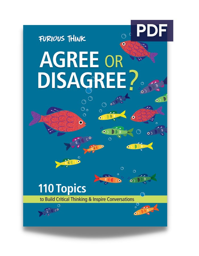 This image depicts the blue cover of Agree or Disagree PDF. It features a school of different colour fish "debating"