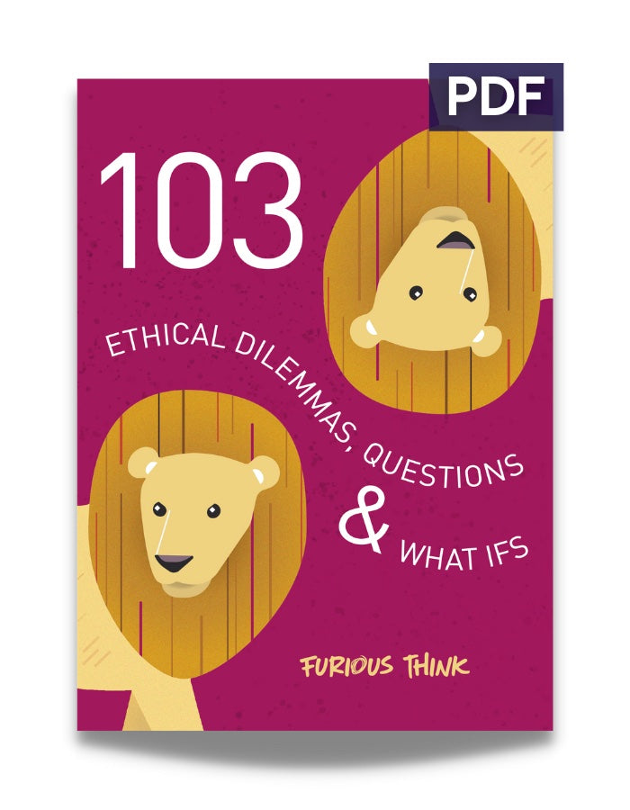 This image represents the cover of Ethical Dilemmas, Questions and What Ifs. It features two lions opposed to each other on a magenta background.