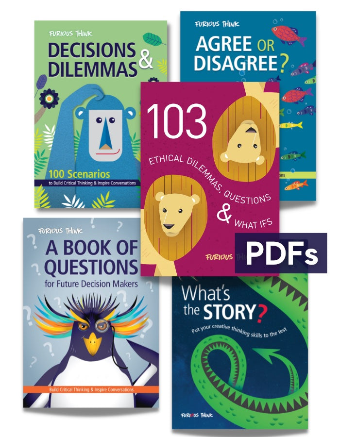 This colourful image features the covers of our critical thinking and conversation collection plus What's the Story