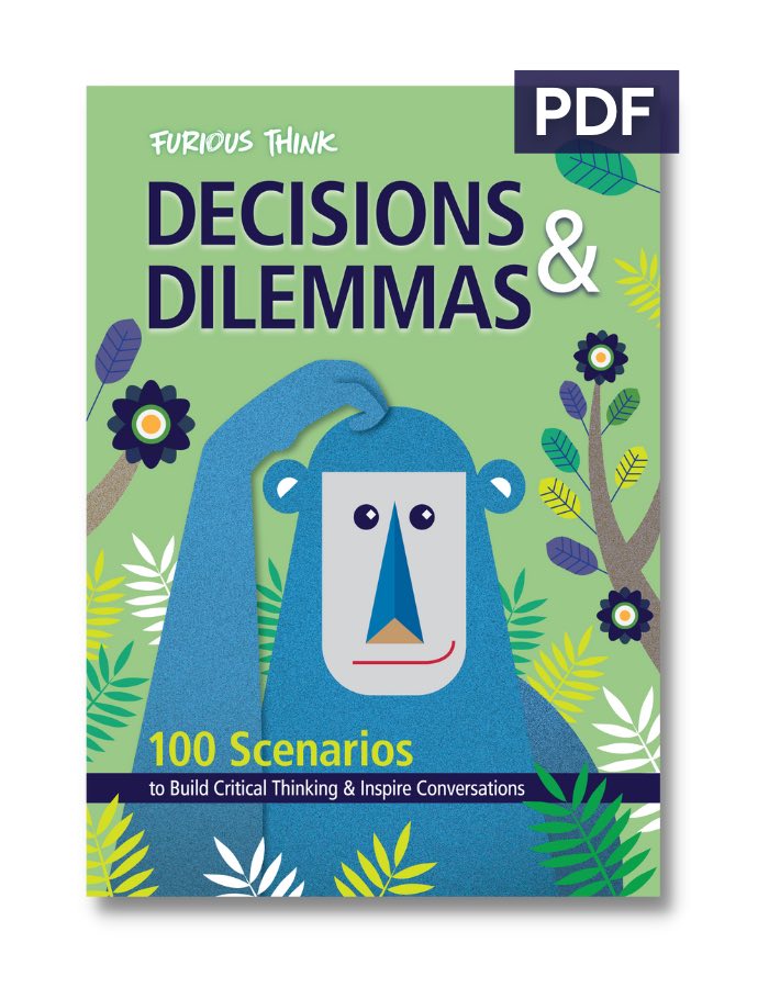 This image features the cover of Decisions & Dilemmas PDF version. It features a blue monkey with an inquisitive look on its face
