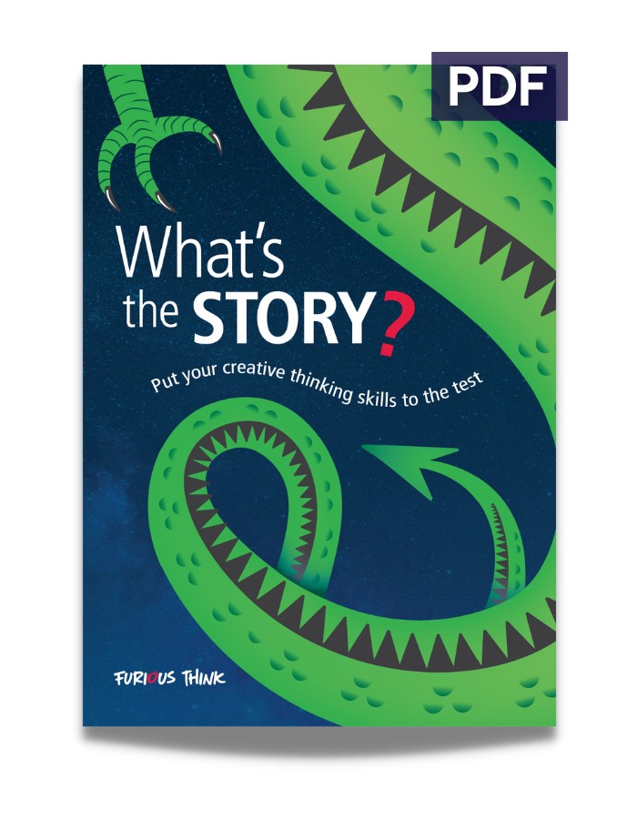 This image depicts the cover of What's the Story: Put Your Creative Thinking Skills to the Test. It features a green dragon tail flying through the dark midnight blue sky